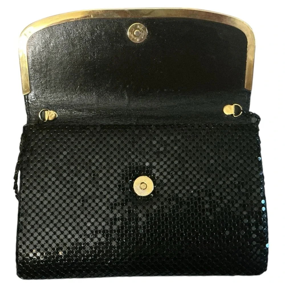 Vintage Metal Mesh Clutch Gold Trim w/ Beade Chain Envelope Style Disco Cocktail